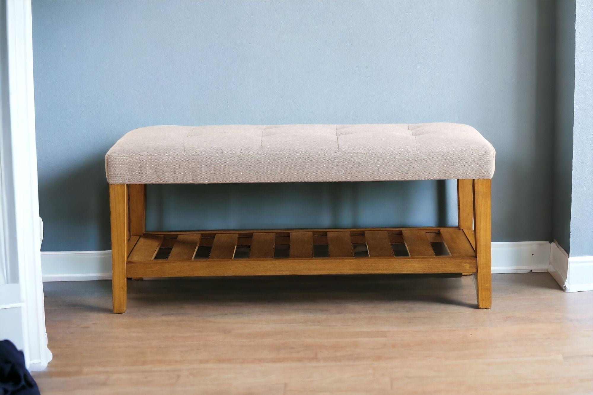 40" Beige and Brown Upholstered Polyester Bench with Shelves