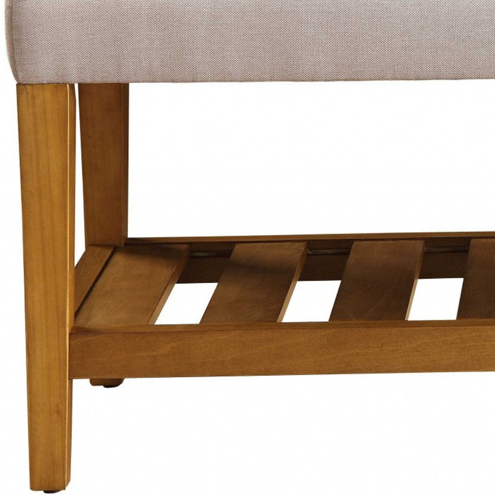 40" Beige and Brown Upholstered Polyester Bench with Shelves