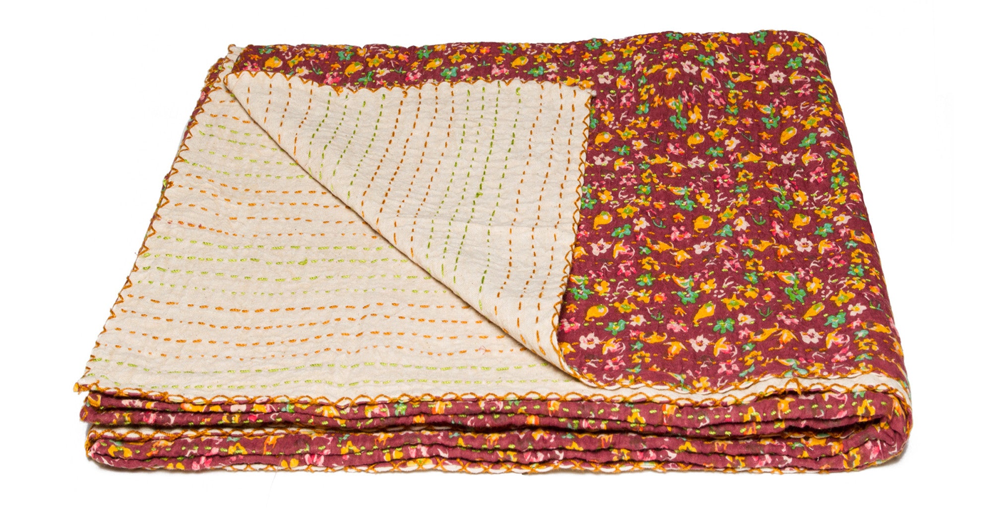 50" X 70" Green and Brown Kantha Cotton Floral Throw Blanket with Embroidery