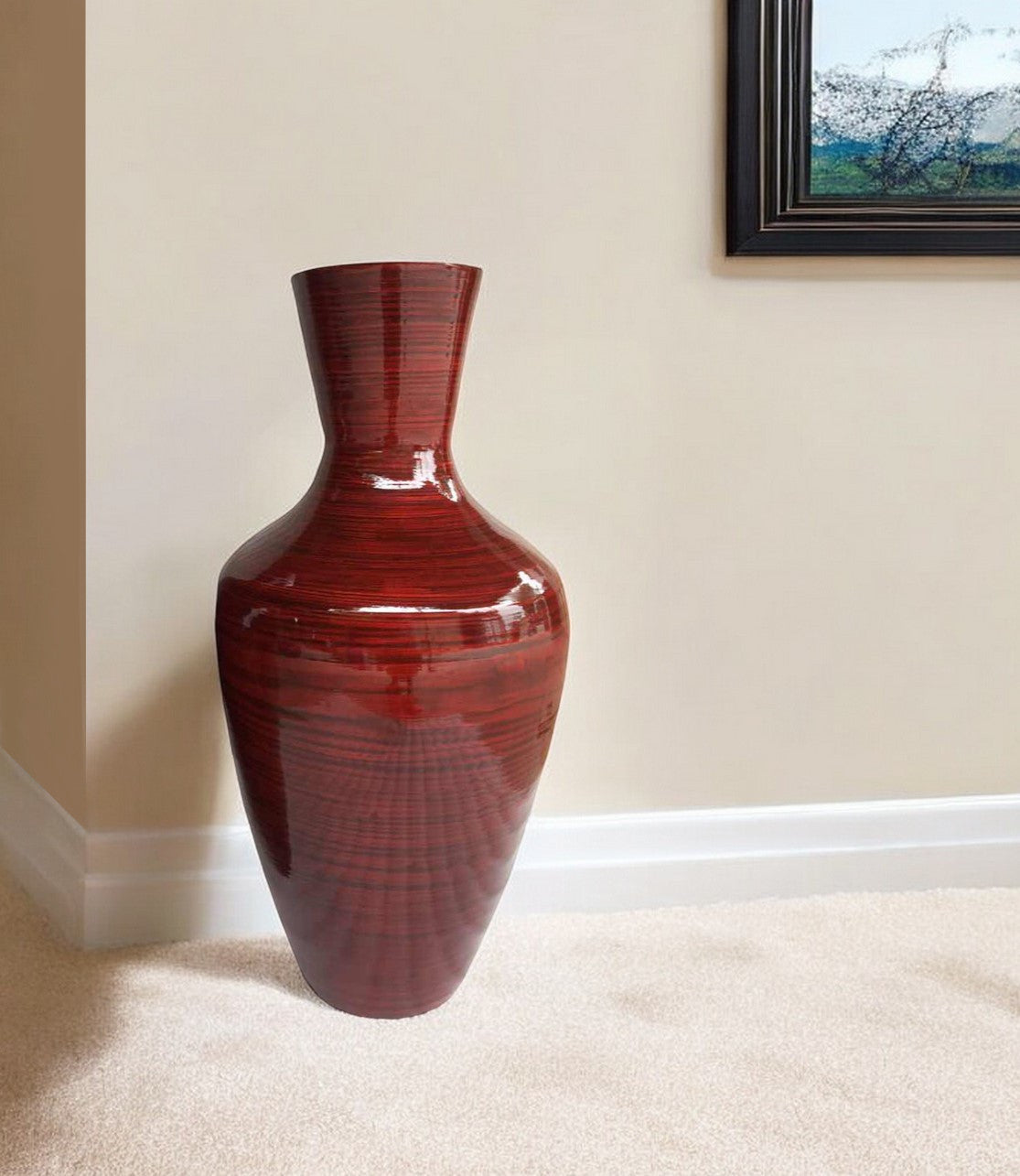 30" Red Lacquer Spun Bamboo Floor Vase