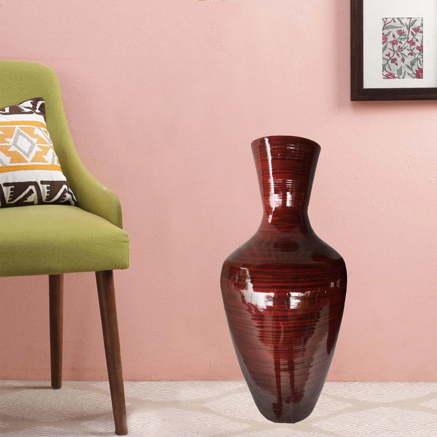 30" Red Lacquer Spun Bamboo Floor Vase