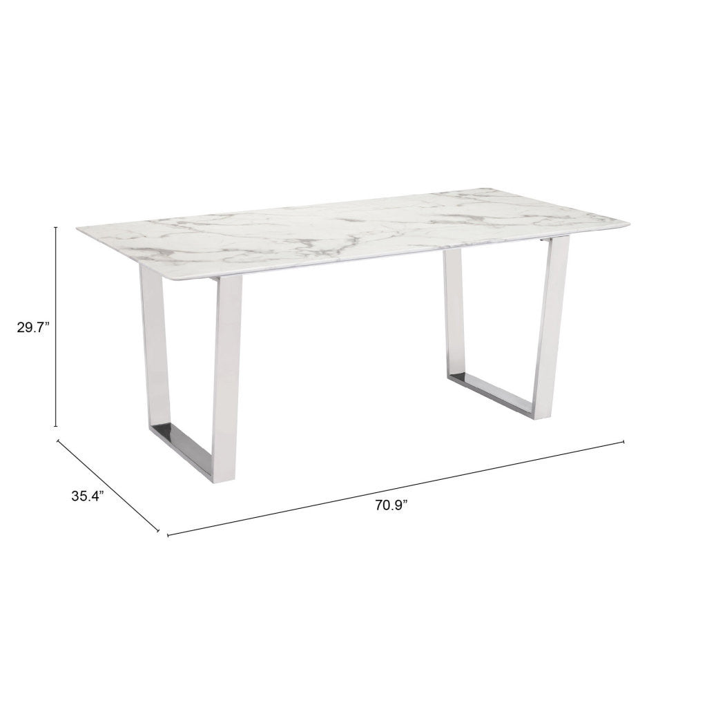 71" White And Silver Marble And Steel Sled Base Dining Table