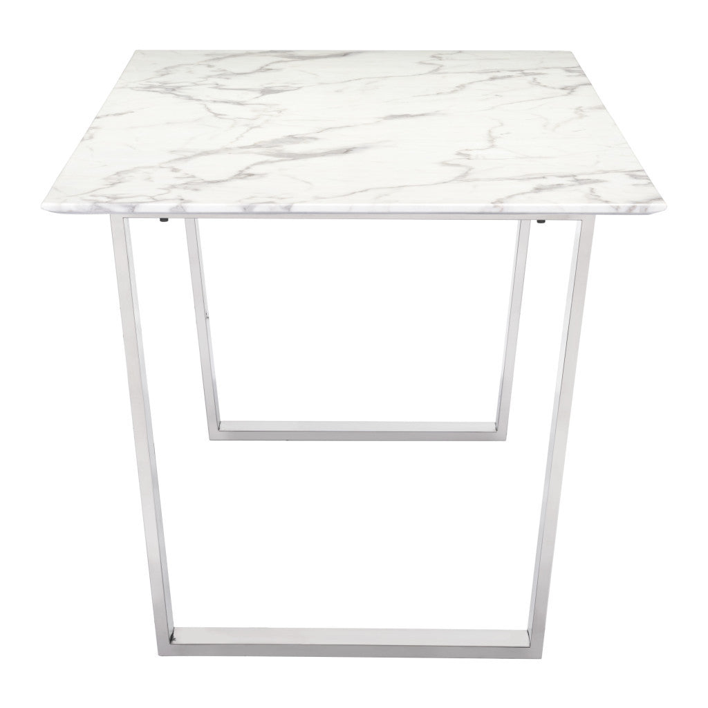 71" White And Silver Marble And Steel Sled Base Dining Table