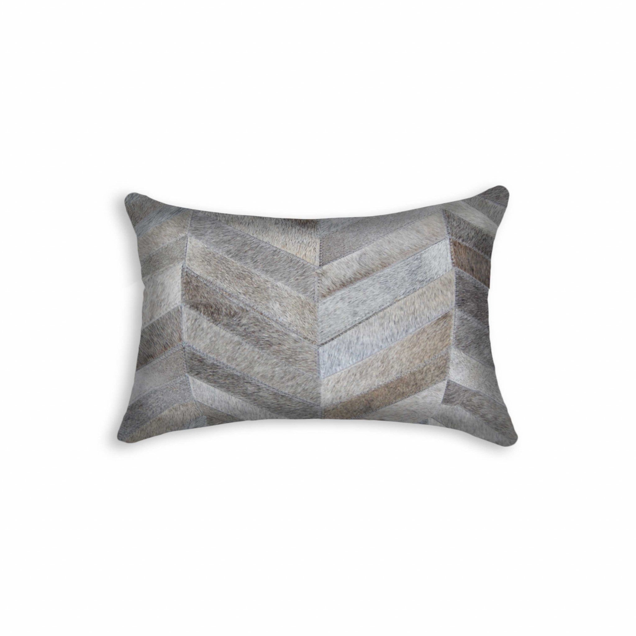 12" X 20" Black and Off White Chevron Cowhide Throw Pillow