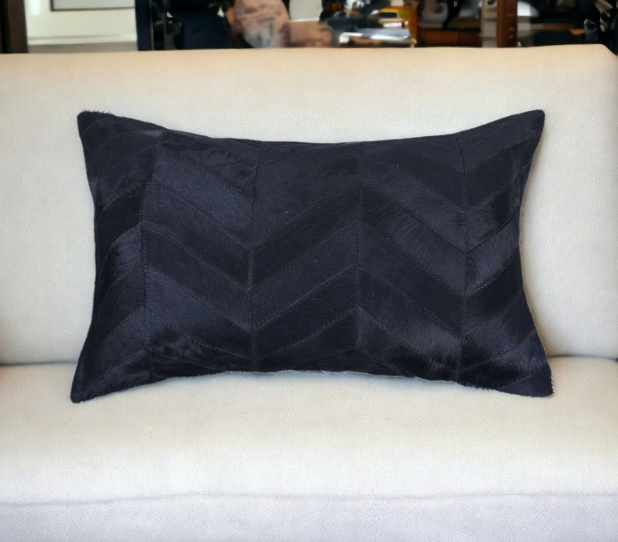 12" X 20" Black and Off White Chevron Cowhide Throw Pillow