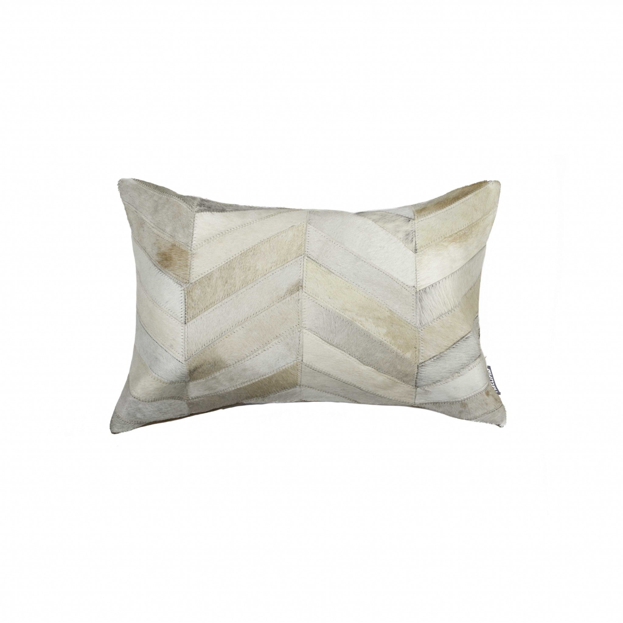 12" X 20" Black and Off White Chevron Cowhide Throw Pillow