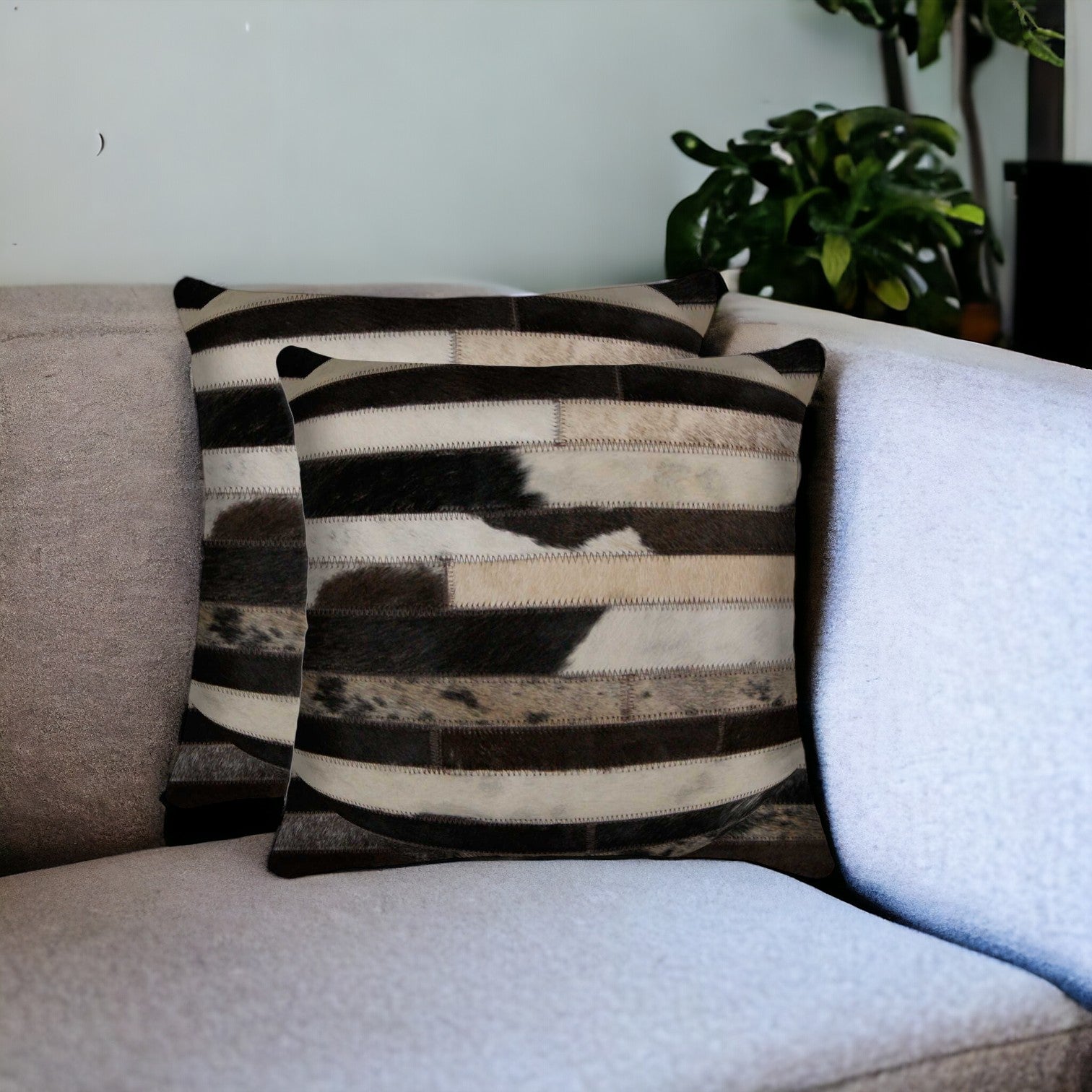 Set of Two Silver and Gray Cowhide Throw Pillow