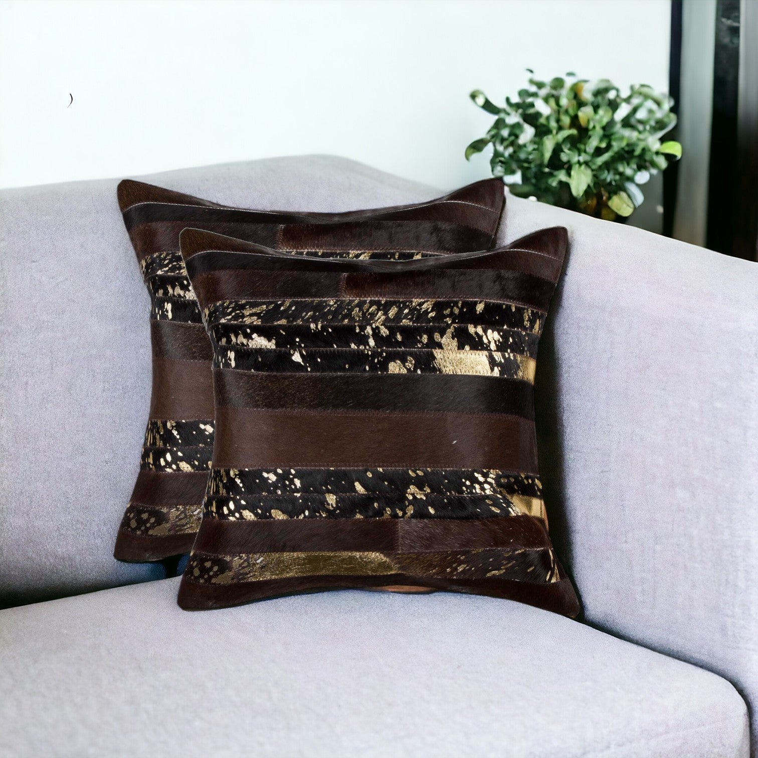 Set of Two Silver and Gray Cowhide Throw Pillow