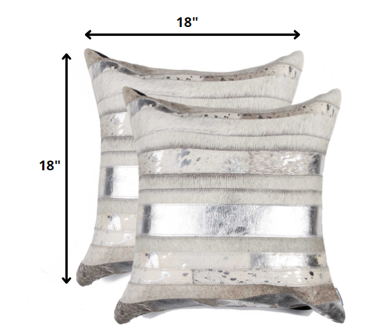 Set of Two Silver and Gray Cowhide Throw Pillow