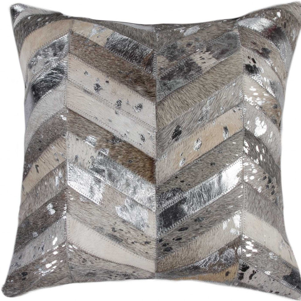 18" Silver Cowhide Throw Pillow