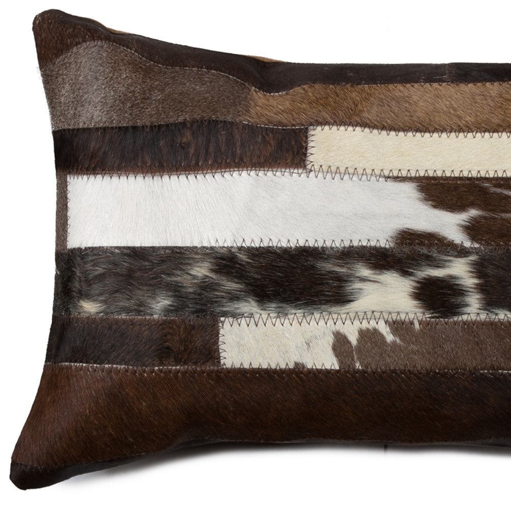 12" X 20" Brown and White Cowhide Throw Pillow