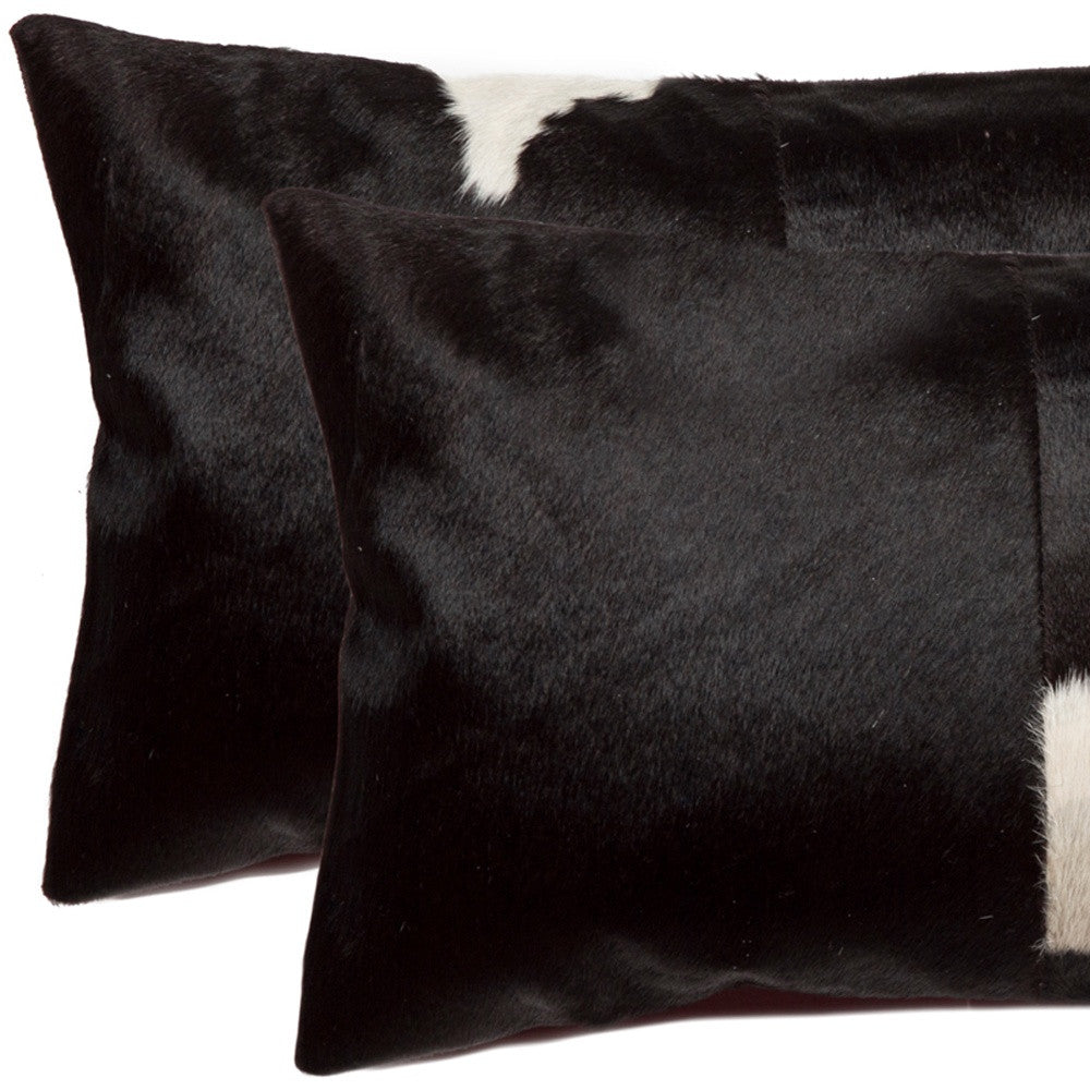 Set of Two 12" X 20" Black Cowhide Throw Pillow