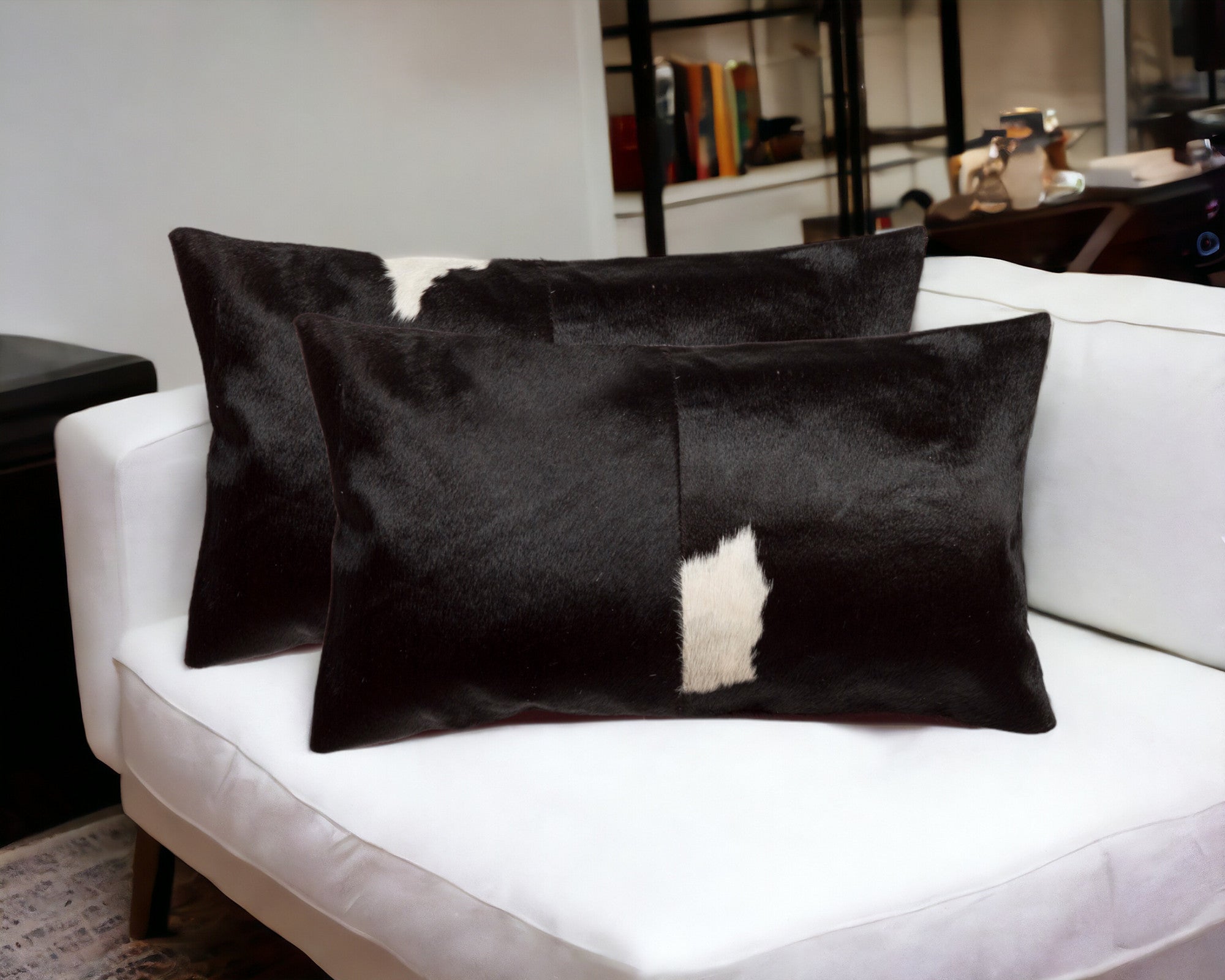 Set of Two 12" X 20" Black Cowhide Throw Pillow