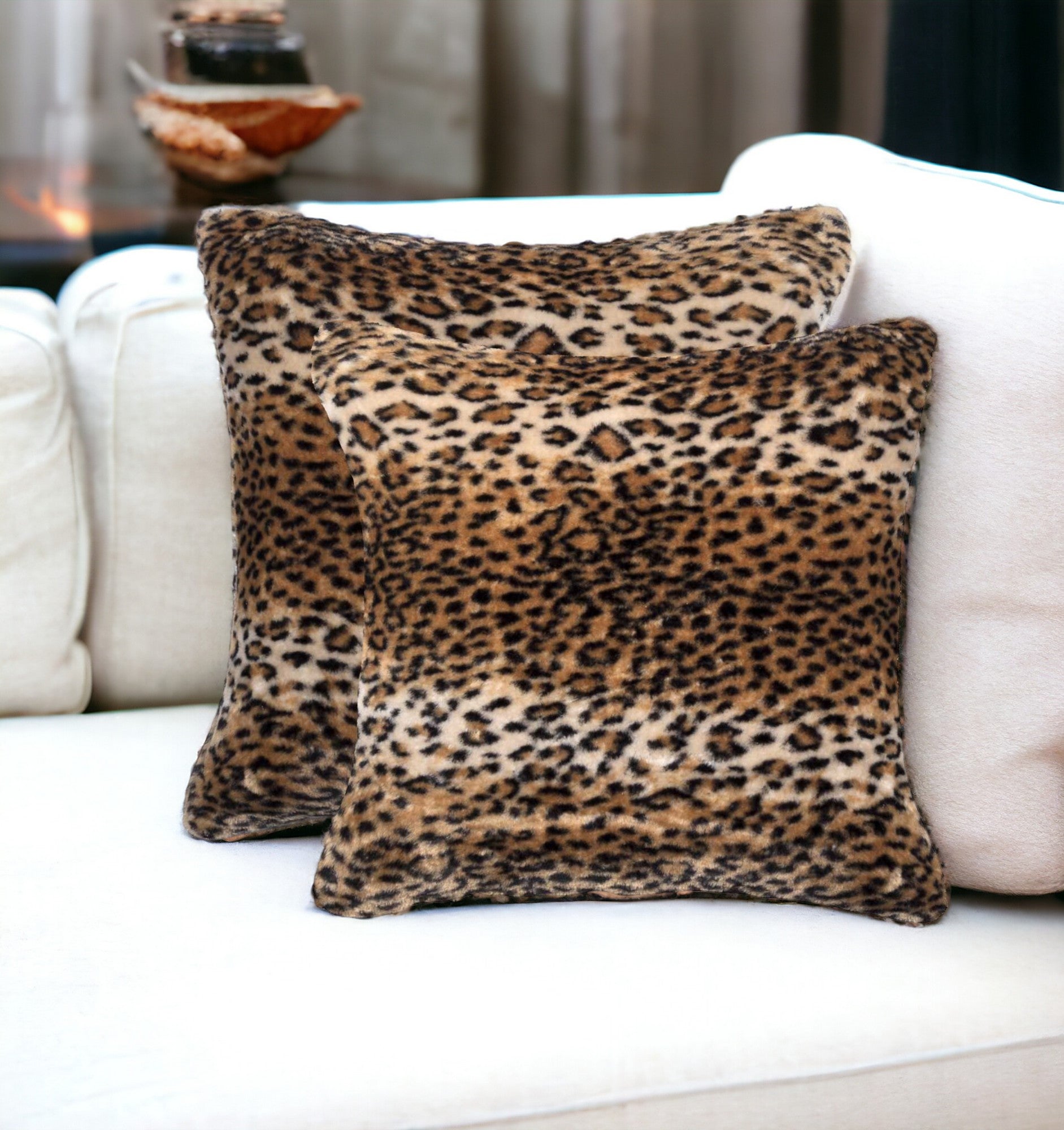 Set of Two 18" Black and Orange Faux Fur Throw Pillow