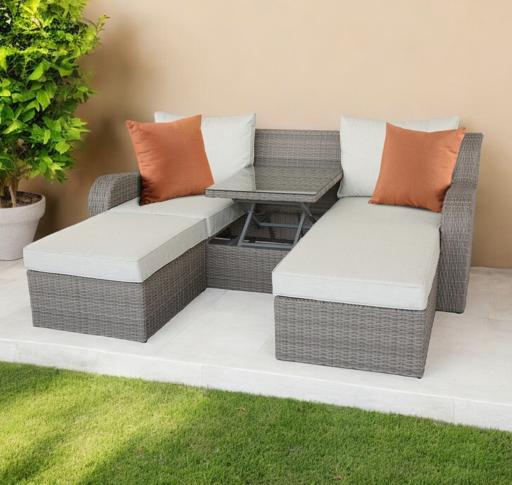 3 Piece Gray Wicker Patio Sectional And Ottoman Set