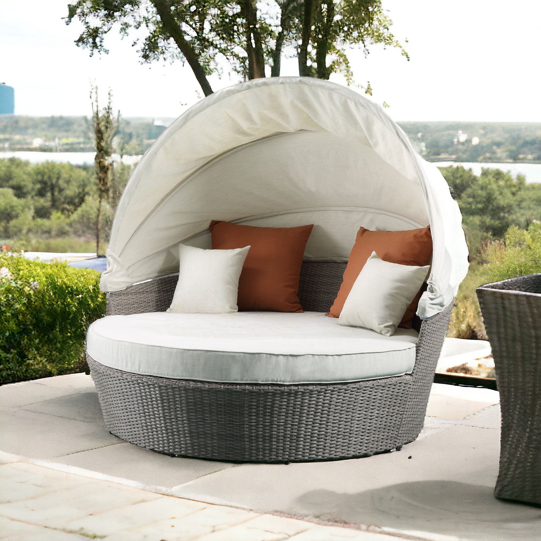 Set Of Two Beige Fabric And Gray Wicker Patio Canopy Daybed