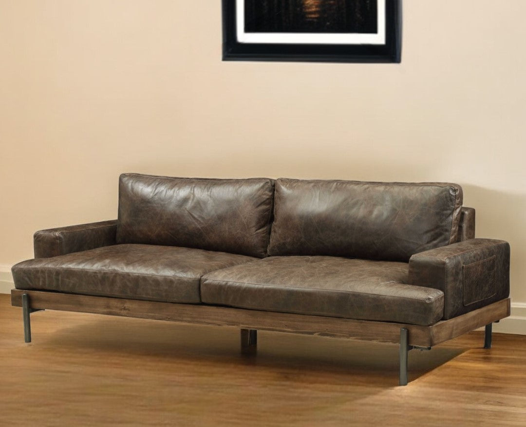 95" Chocolate Top Grain Leather Sofa With Black Legs