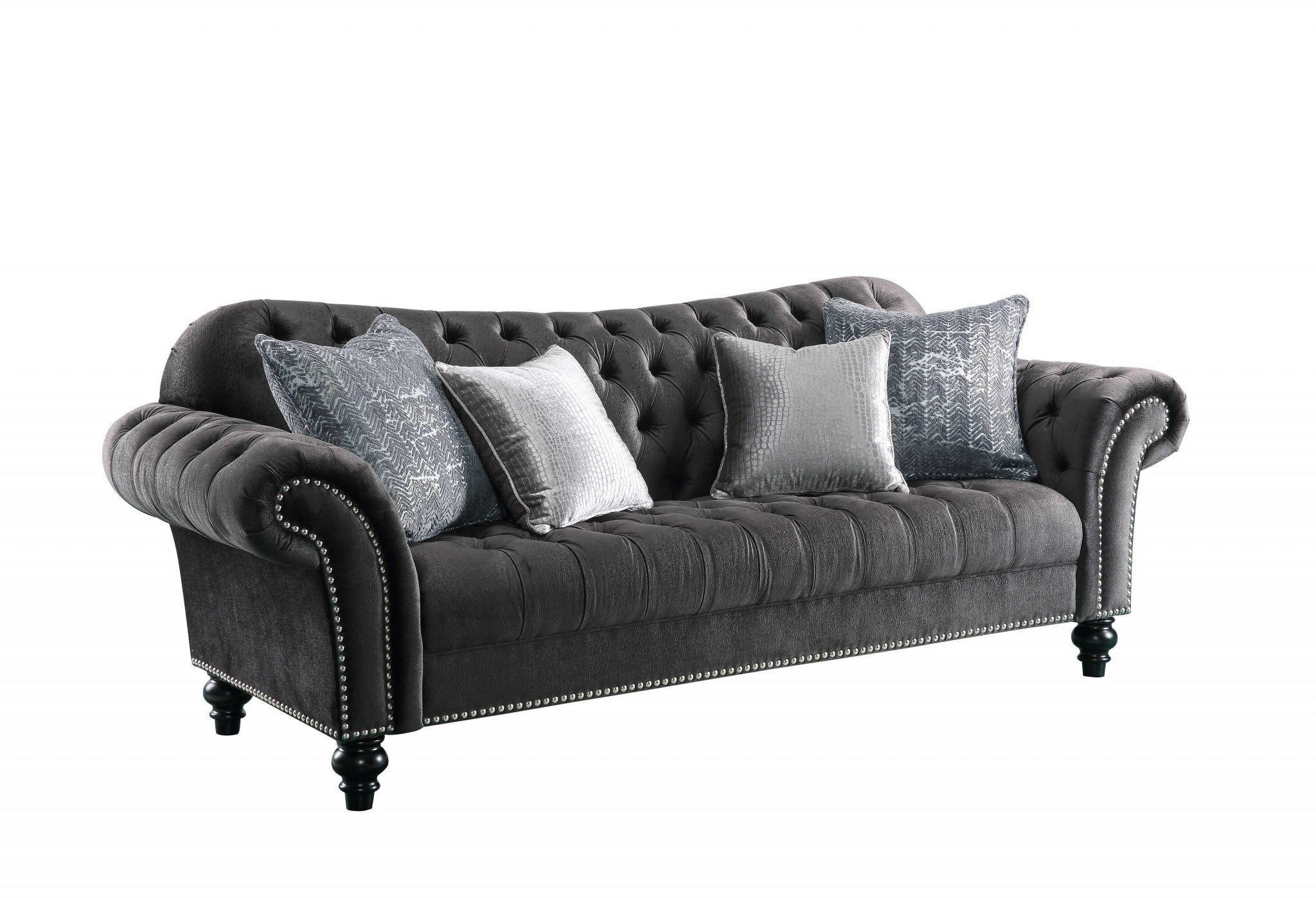 96" Dark Gray Velvet Chesterfield Sofa And Toss Pillows With Black Legs