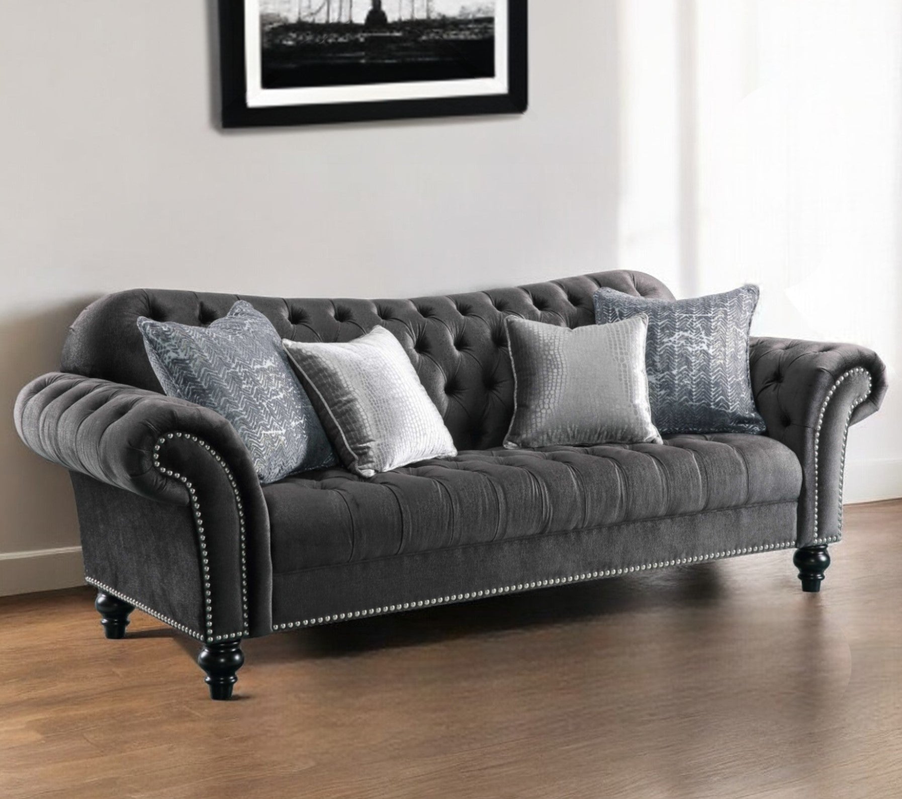 96" Dark Gray Velvet Chesterfield Sofa And Toss Pillows With Black Legs