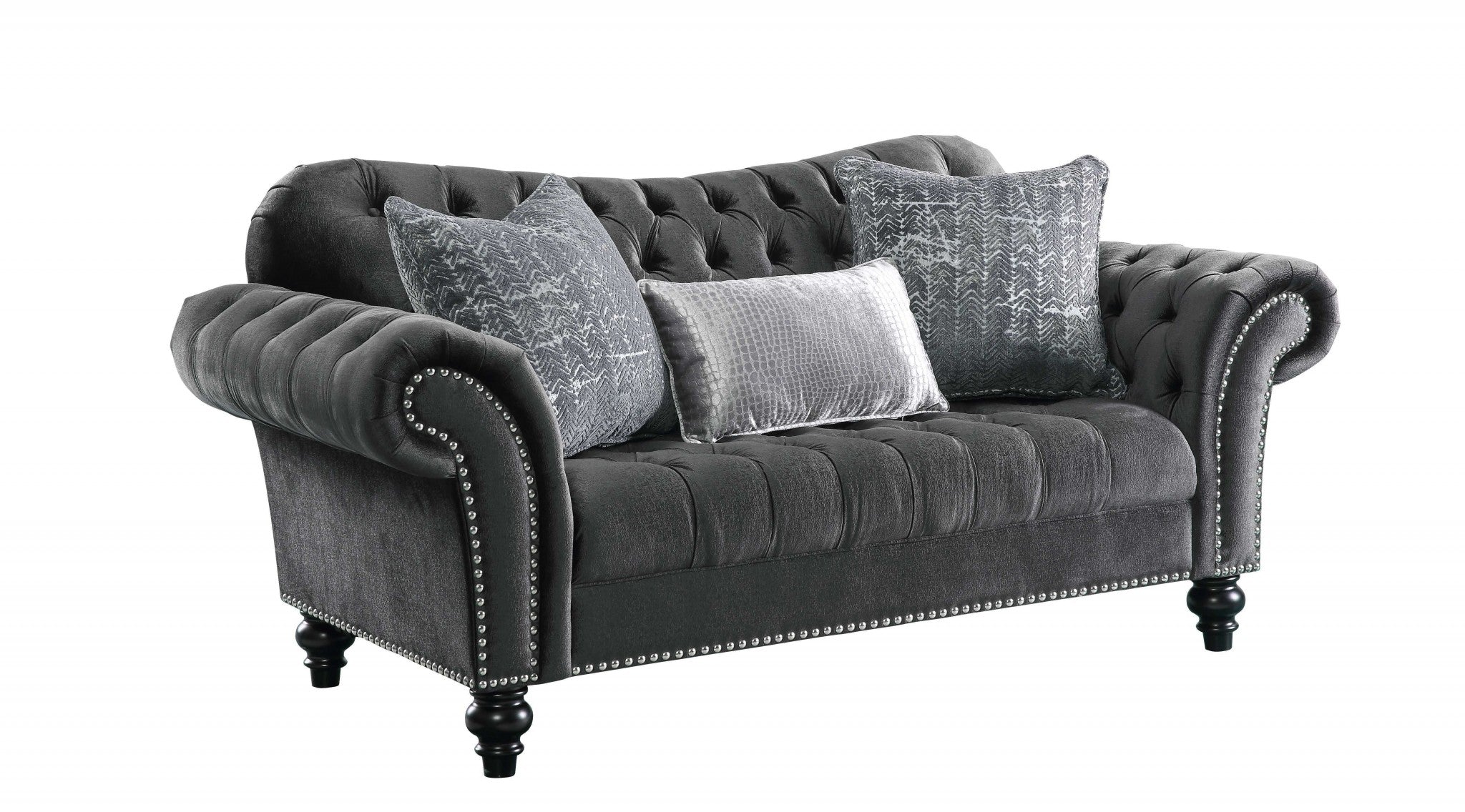 79" Gray And Black Tufted Velvet Love Seat and Toss Pillows