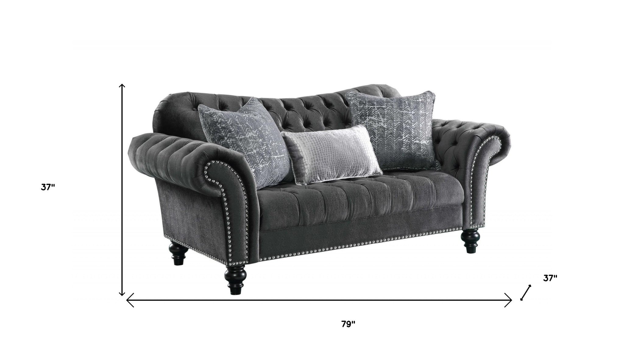 79" Gray And Black Tufted Velvet Love Seat and Toss Pillows