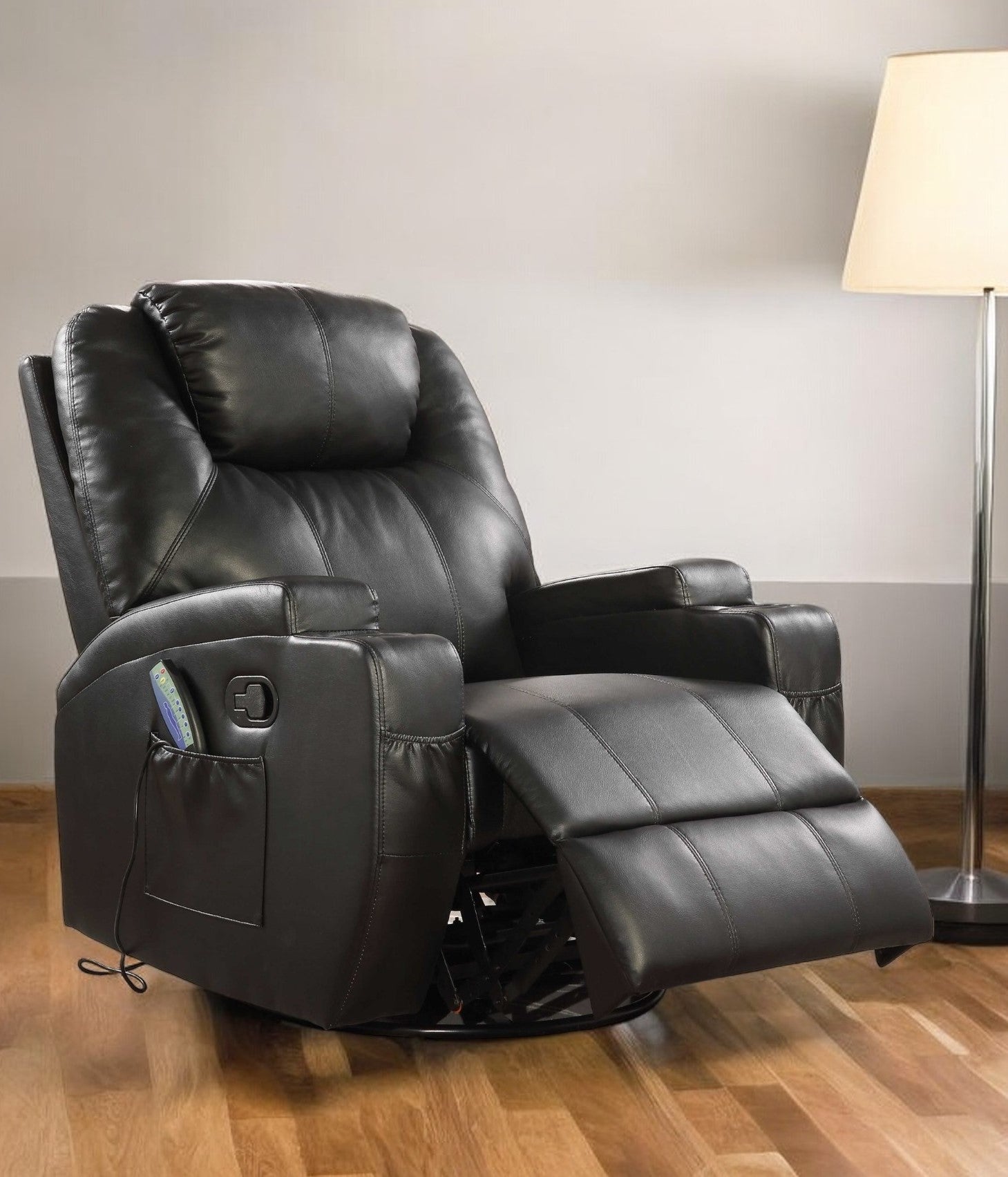 34" Black Leather Match Power Heated Massage Recliner