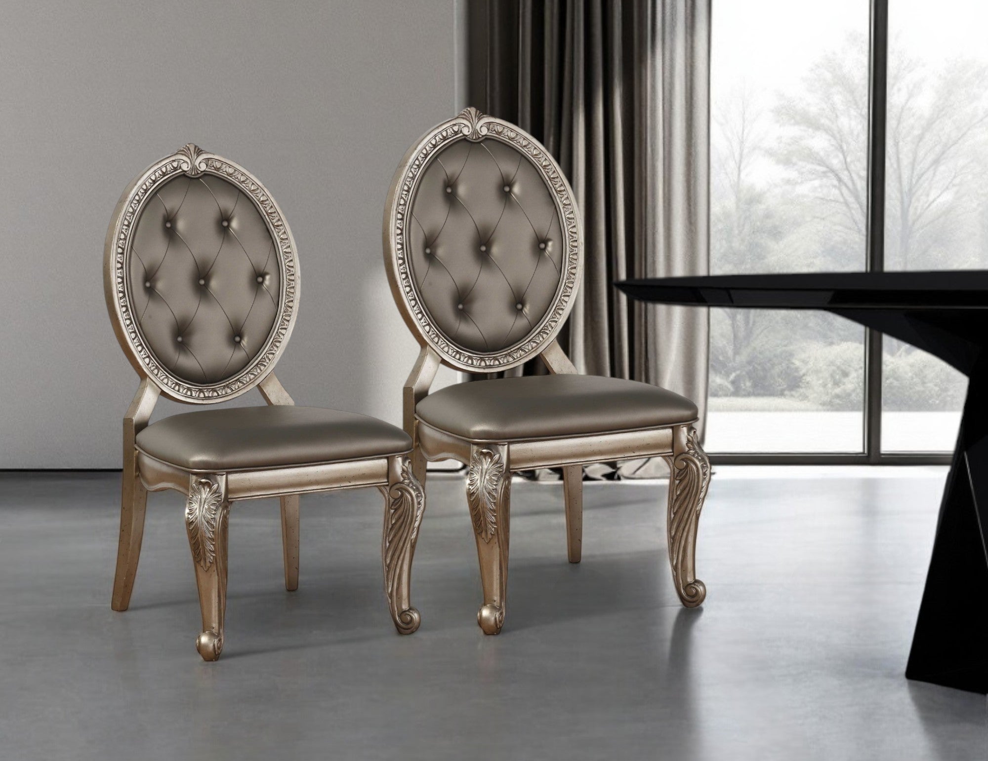 Set of Two Tufted Champagne Upholstered Faux Leather Dining Side Chairs