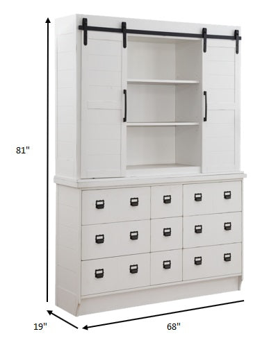 68" White Wood Nine Drawer Dining Hutch with Two Sliding Doors