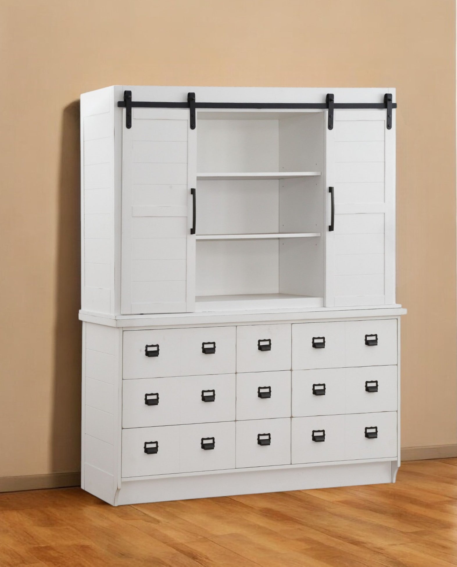 68" White Wood Nine Drawer Dining Hutch with Two Sliding Doors