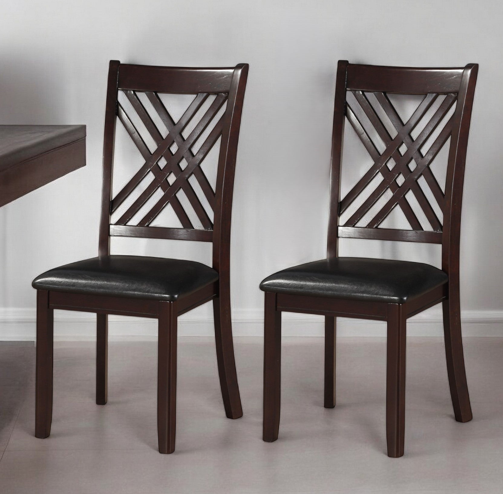 Set of Two Black Upholstered Faux Leather Cross Back Dining Side Chairs