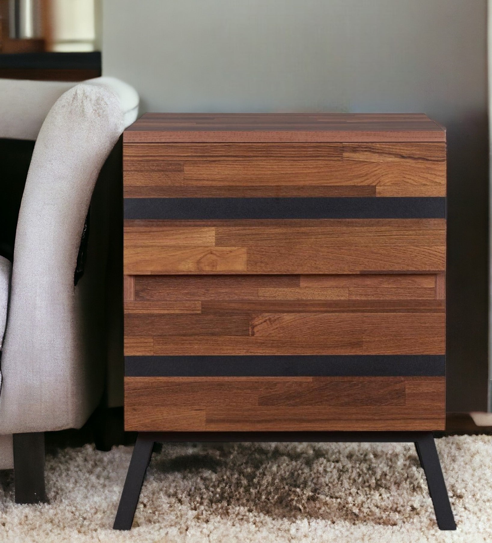 23" Black And Brown Wood And Iron End Table With Two Drawers