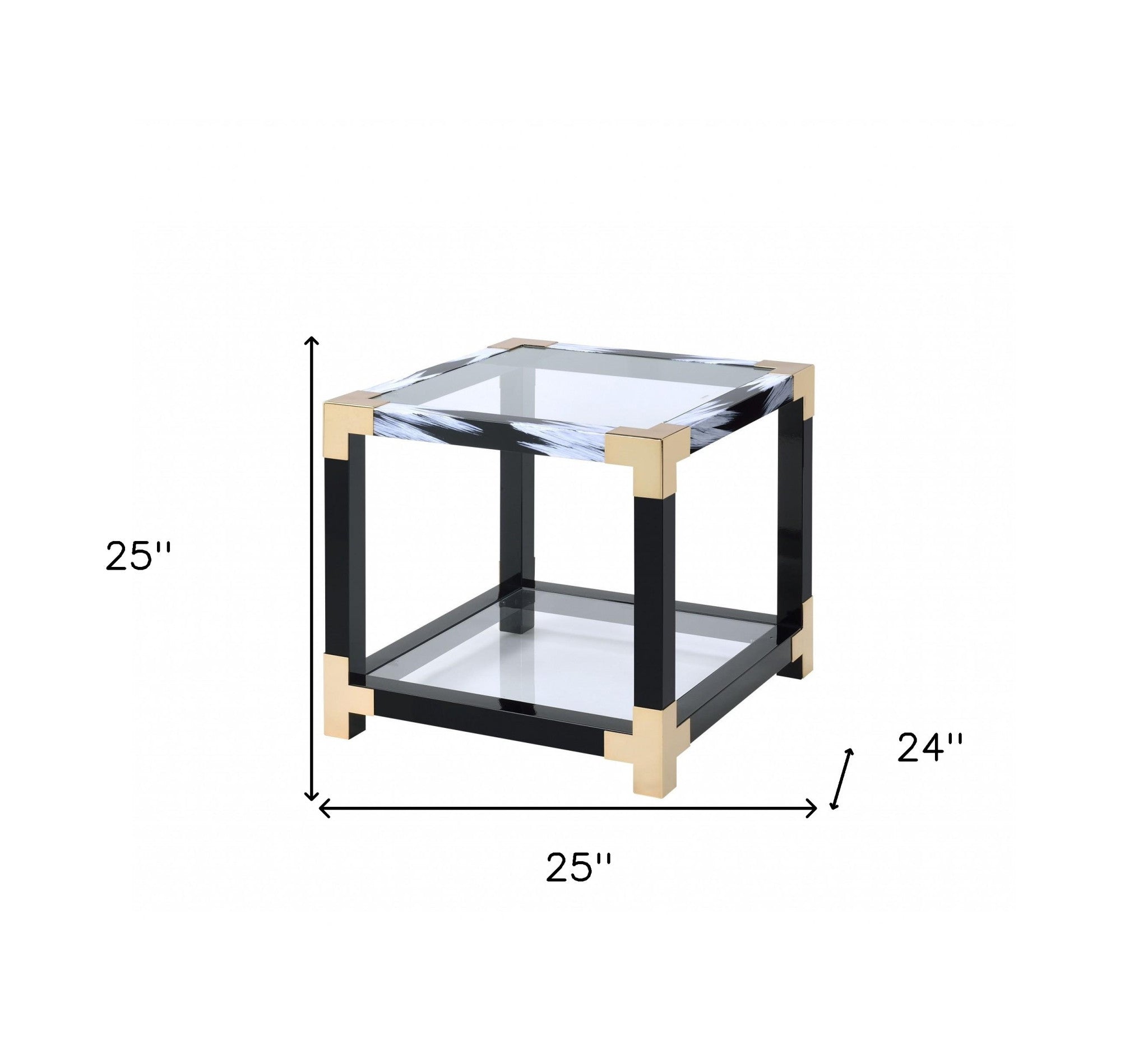 25" Black And Gold And Clear Glass Mirrored End Table With Shelf