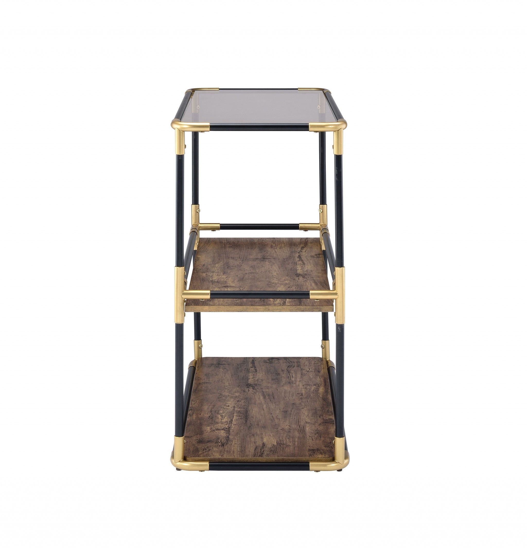 33" Black and Gold And Clear Glass End Table With Two Shelves With Magazine Holder