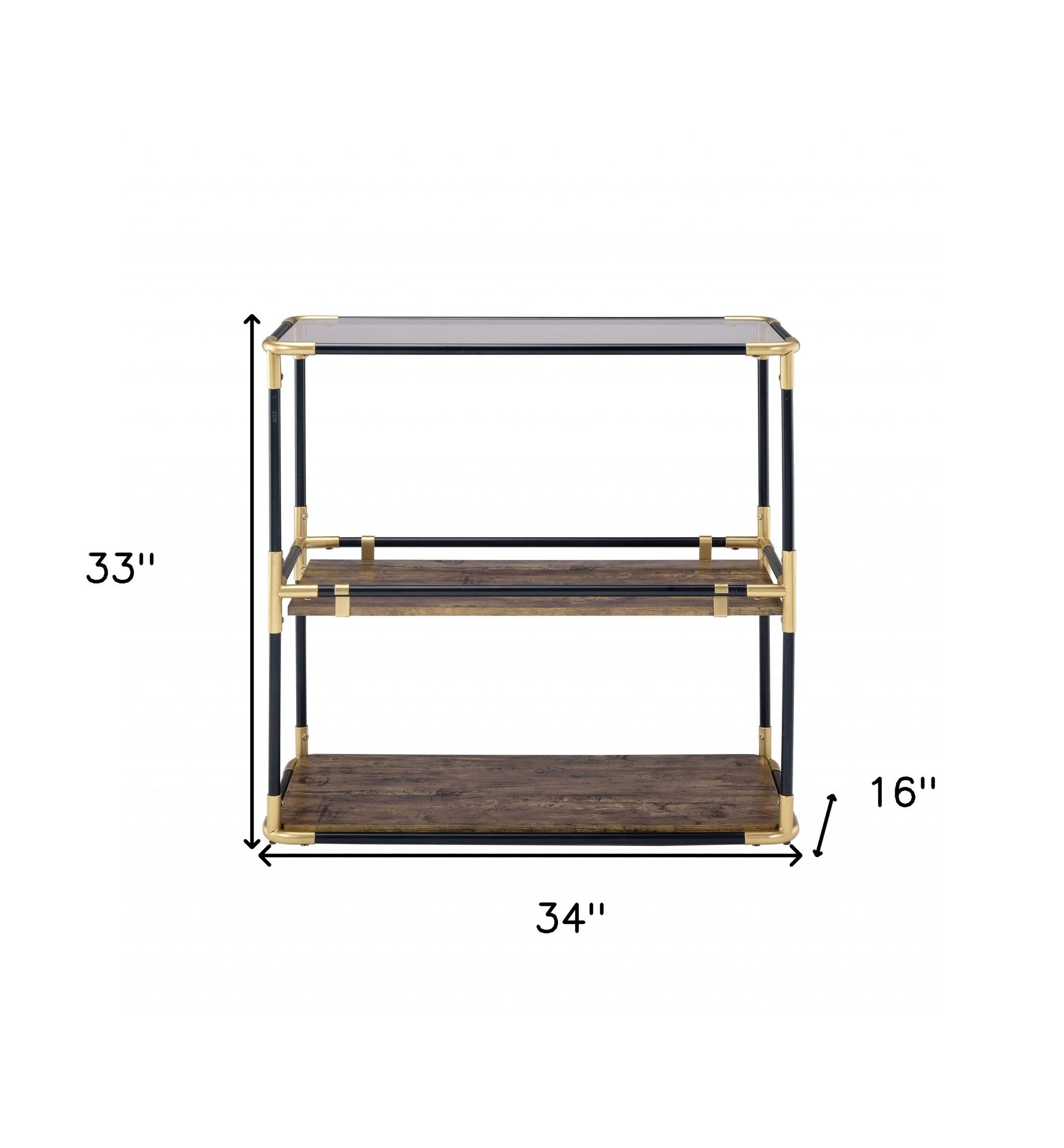 33" Black And Gold And Clear Glass Mirrored End Table With Two Shelves
