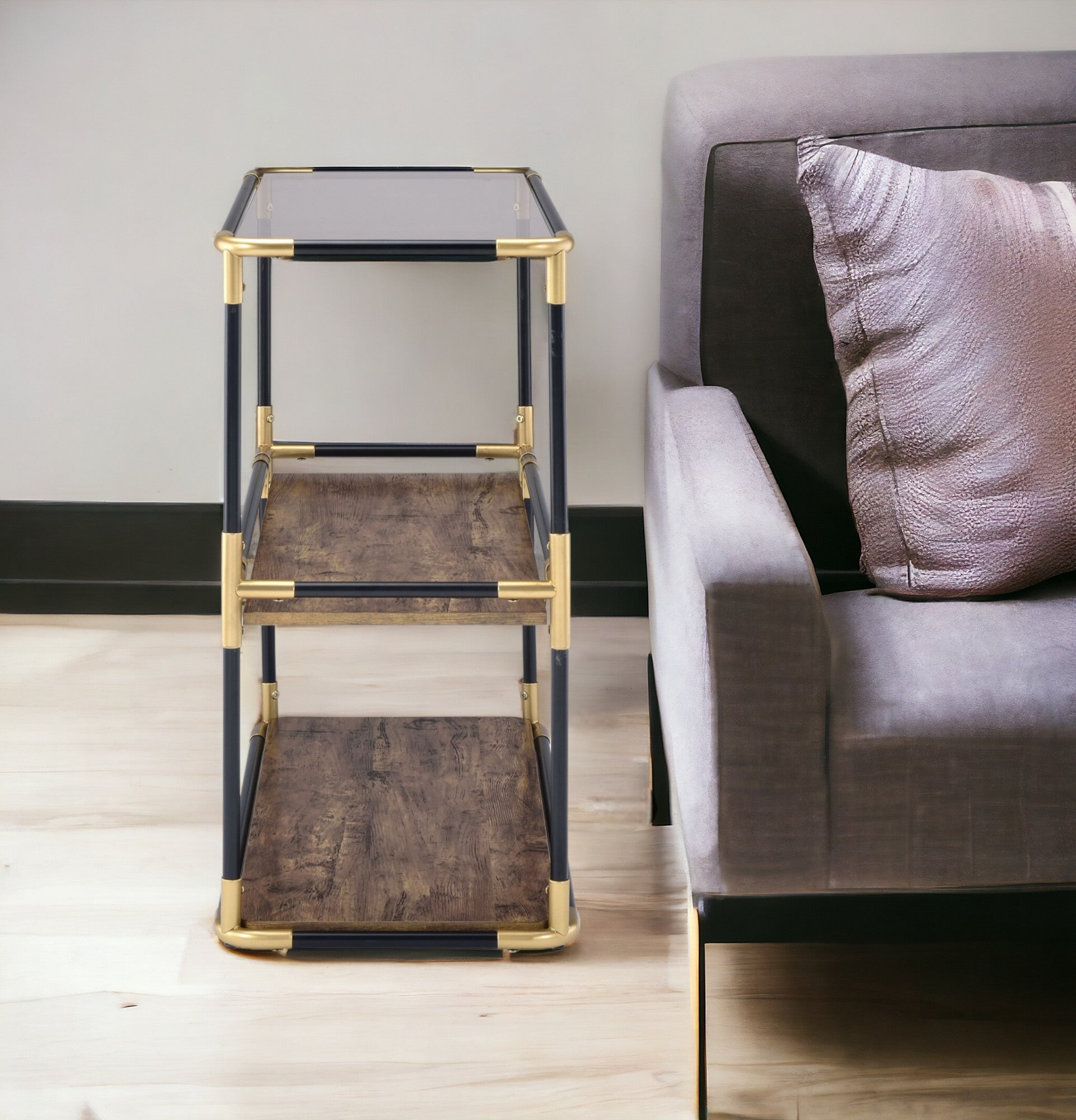 33" Black and Gold And Clear Glass End Table With Two Shelves With Magazine Holder