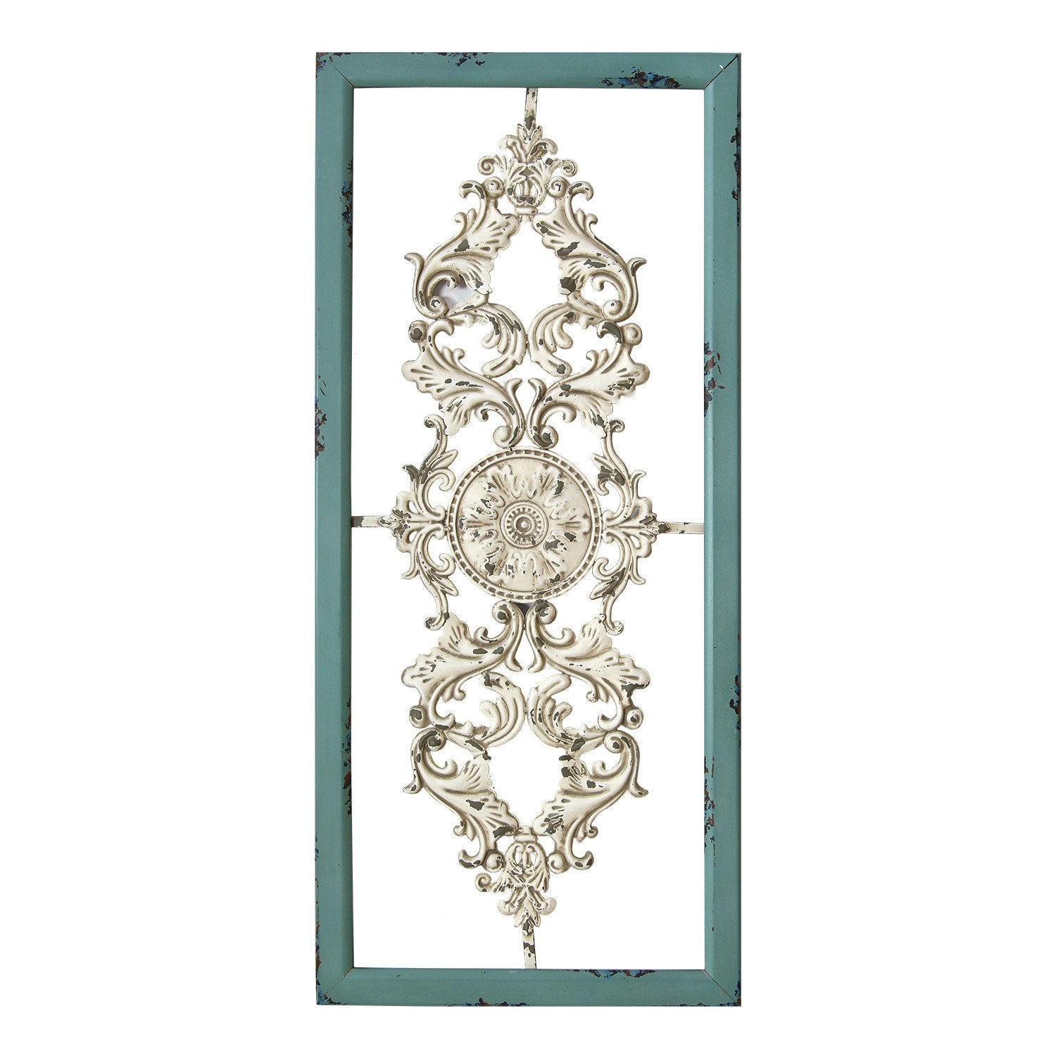 36" Teal and White Wood and Metal Distressed Panel Wall Decor