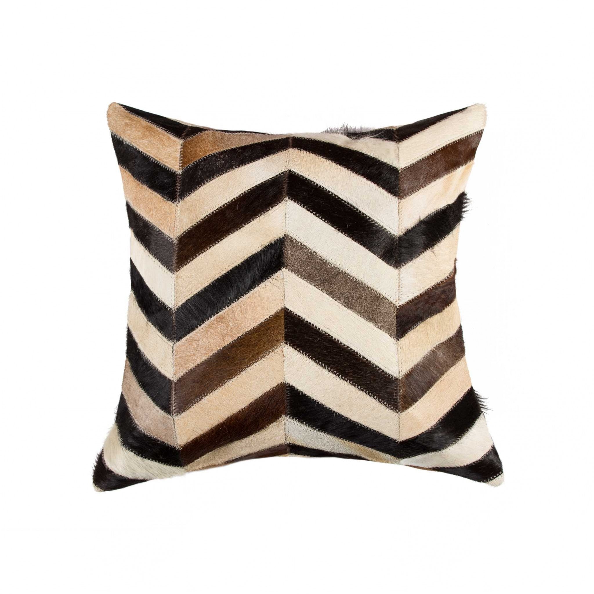 18" Brown Black and White Chevron Cowhide Throw Pillow