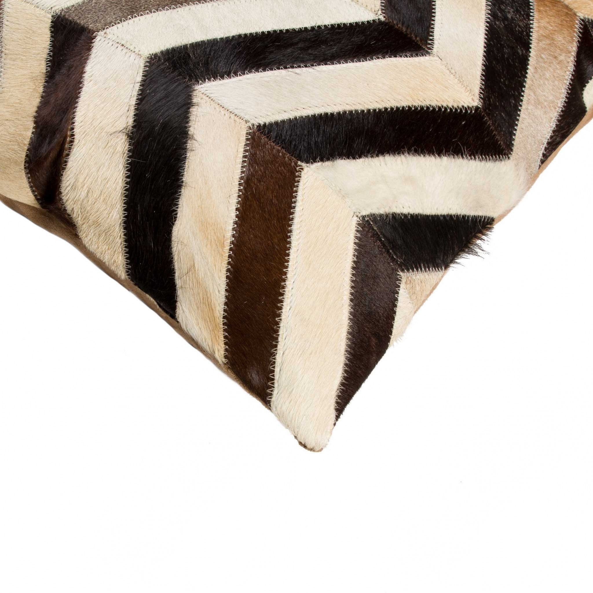 18" Brown Black and White Chevron Cowhide Throw Pillow