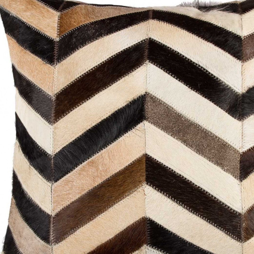 18" Brown Black and White Chevron Cowhide Throw Pillow