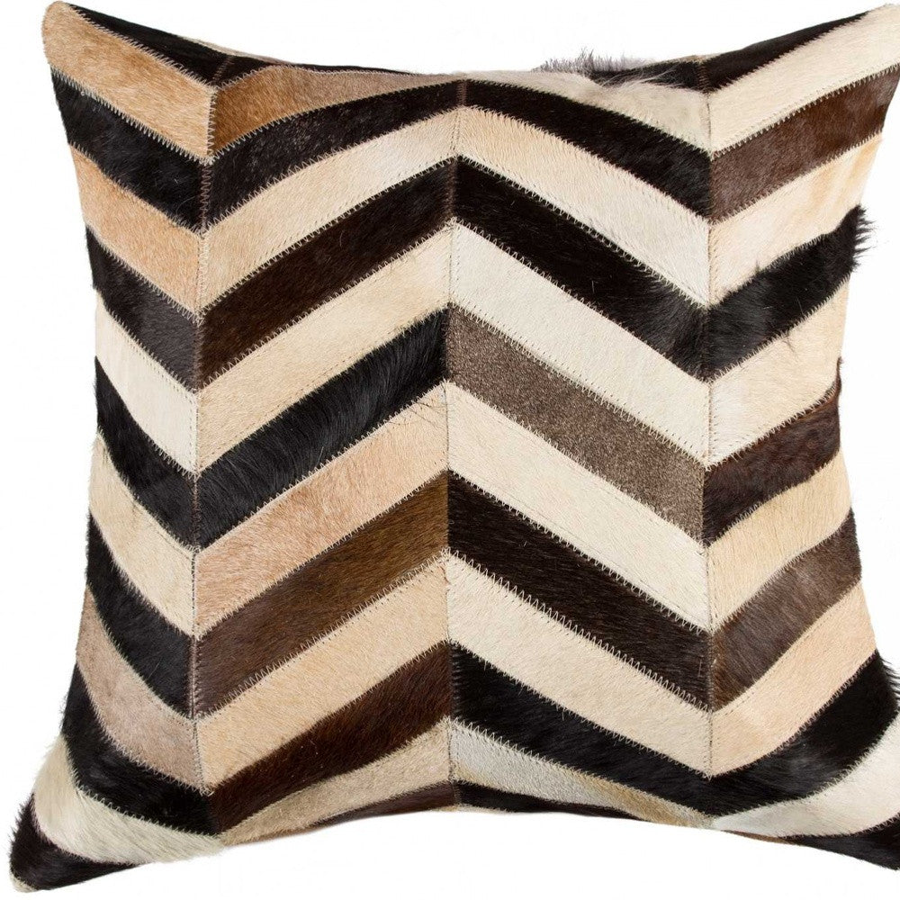 18" Brown Black and White Chevron Cowhide Throw Pillow