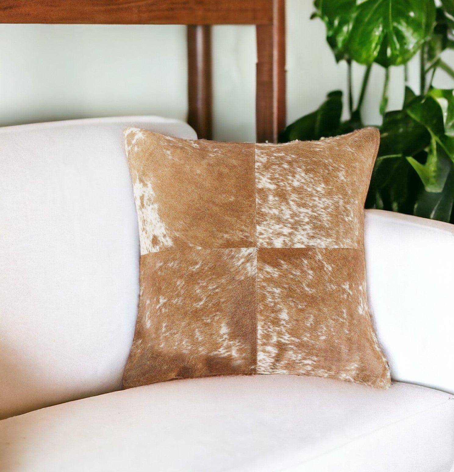 18" Brown and White Cowhide Throw Pillow