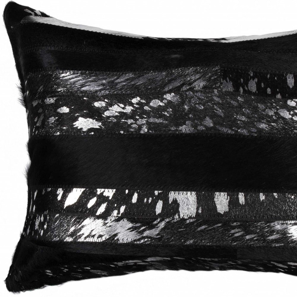 12" X 20" Black and Silver Cowhide Throw Pillow