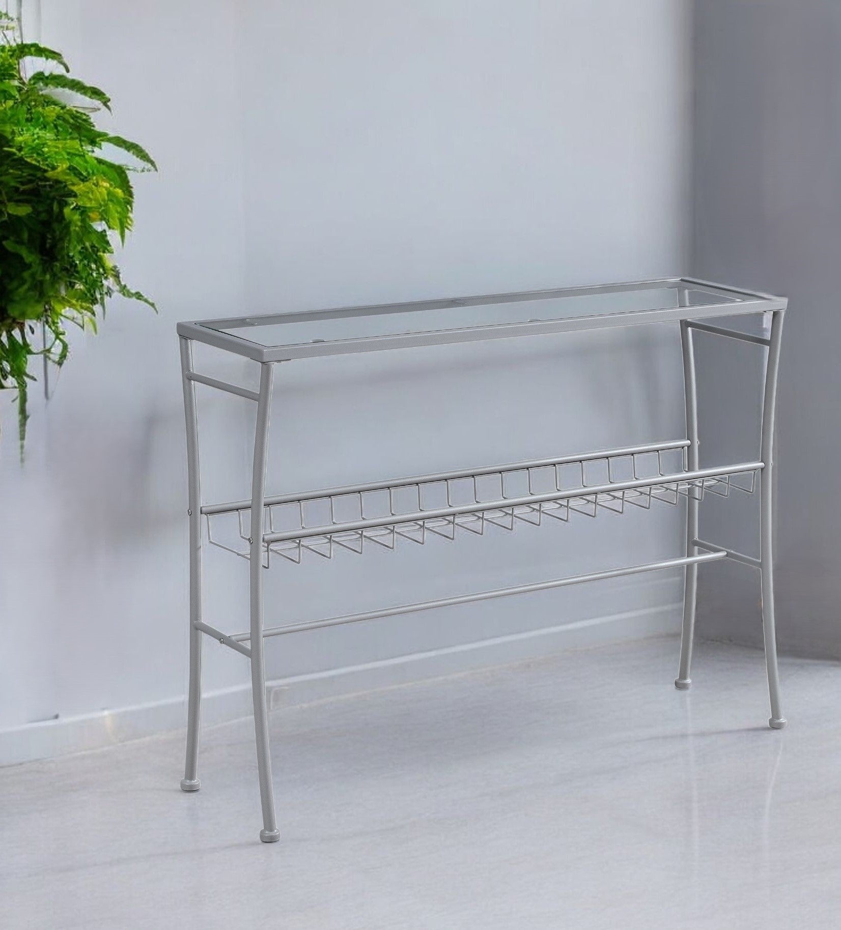 42" Clear And Silver Glass Console Table With Storage