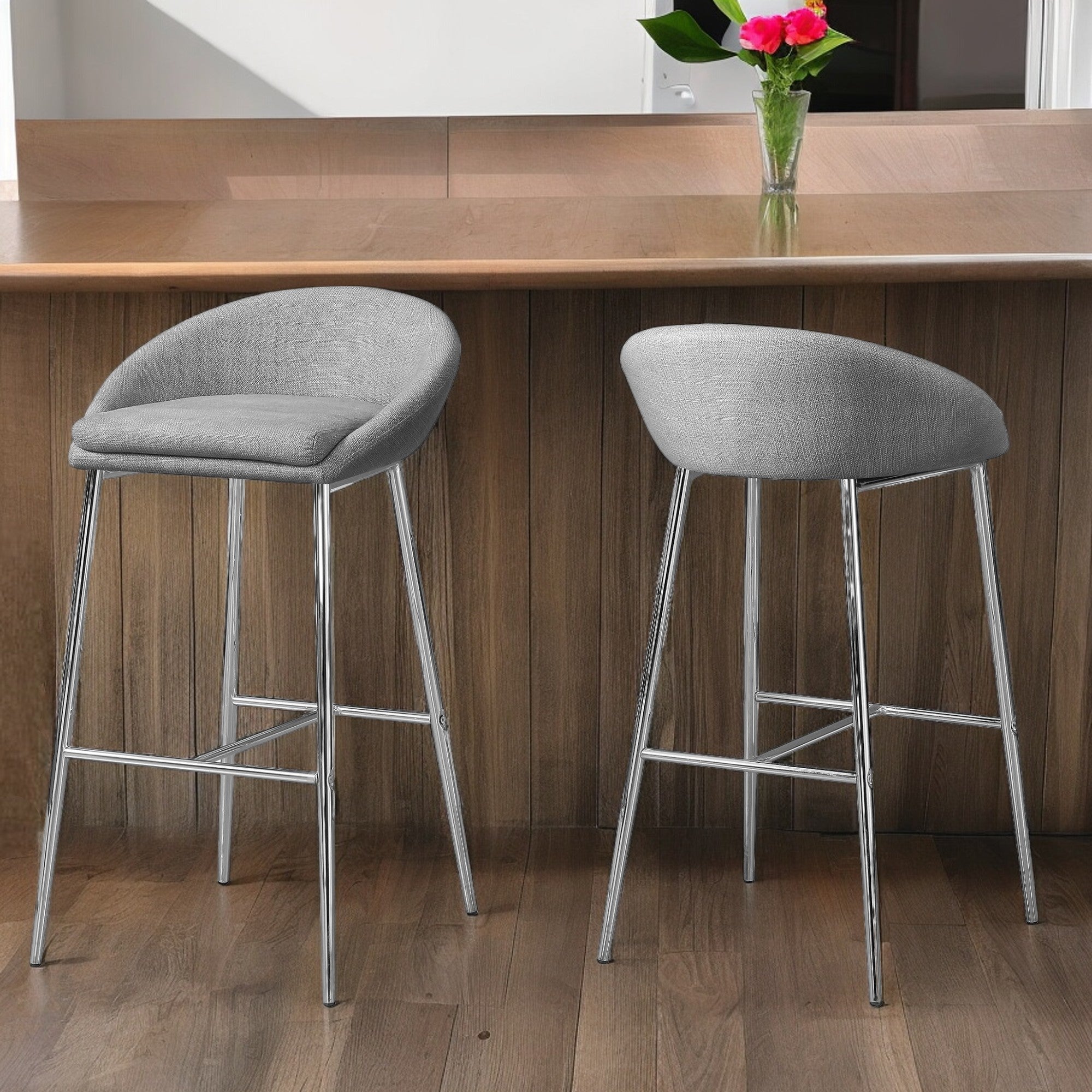 Set of Two 30 " Gray And Silver Metal Low Back Bar Chairs