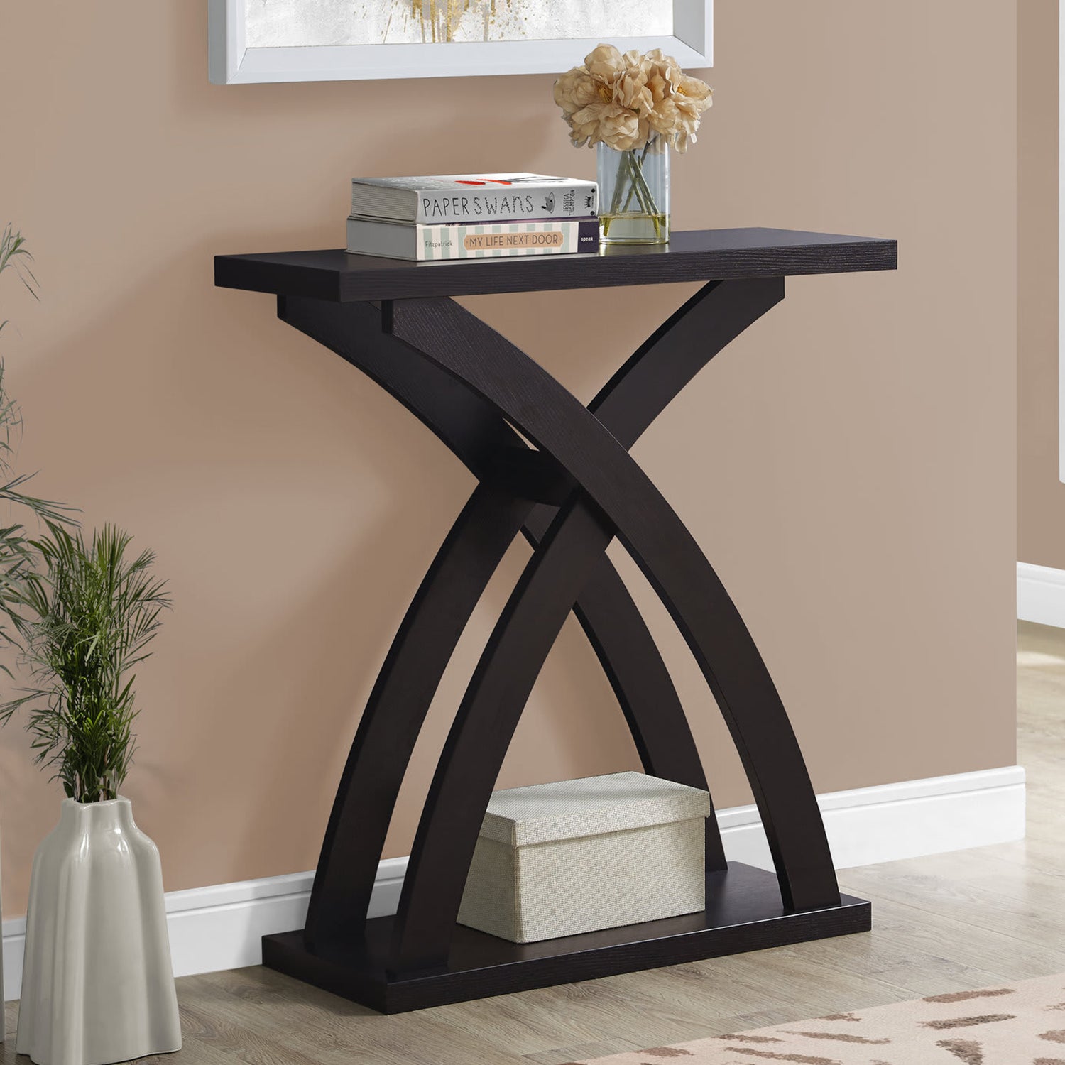 31" Espresso Cross Leg Console Table With Shelves