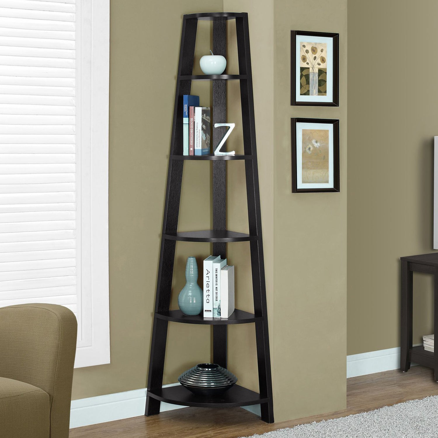 71" Black Wood Corner Bookcase