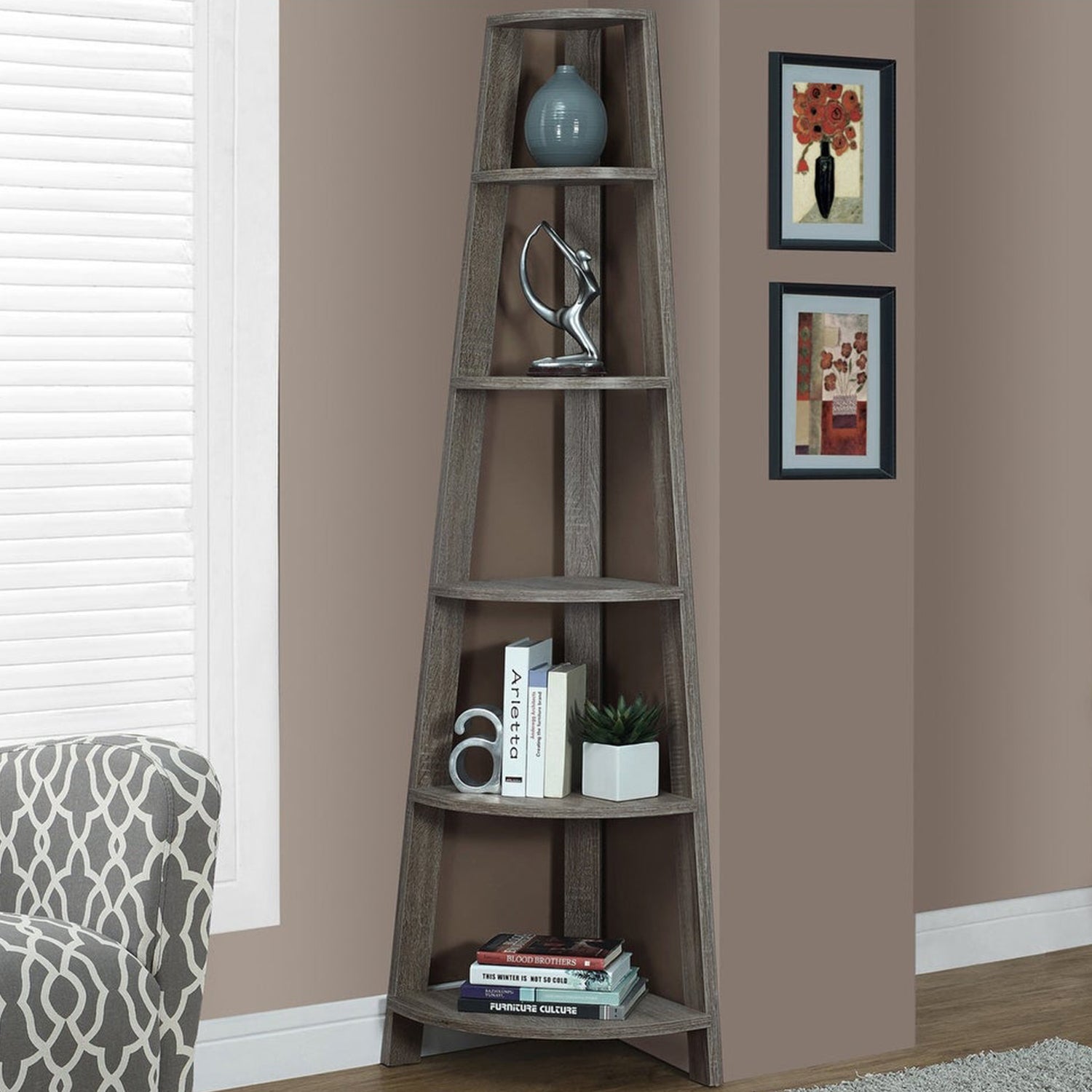 71" Grey Wood Corner Bookcase