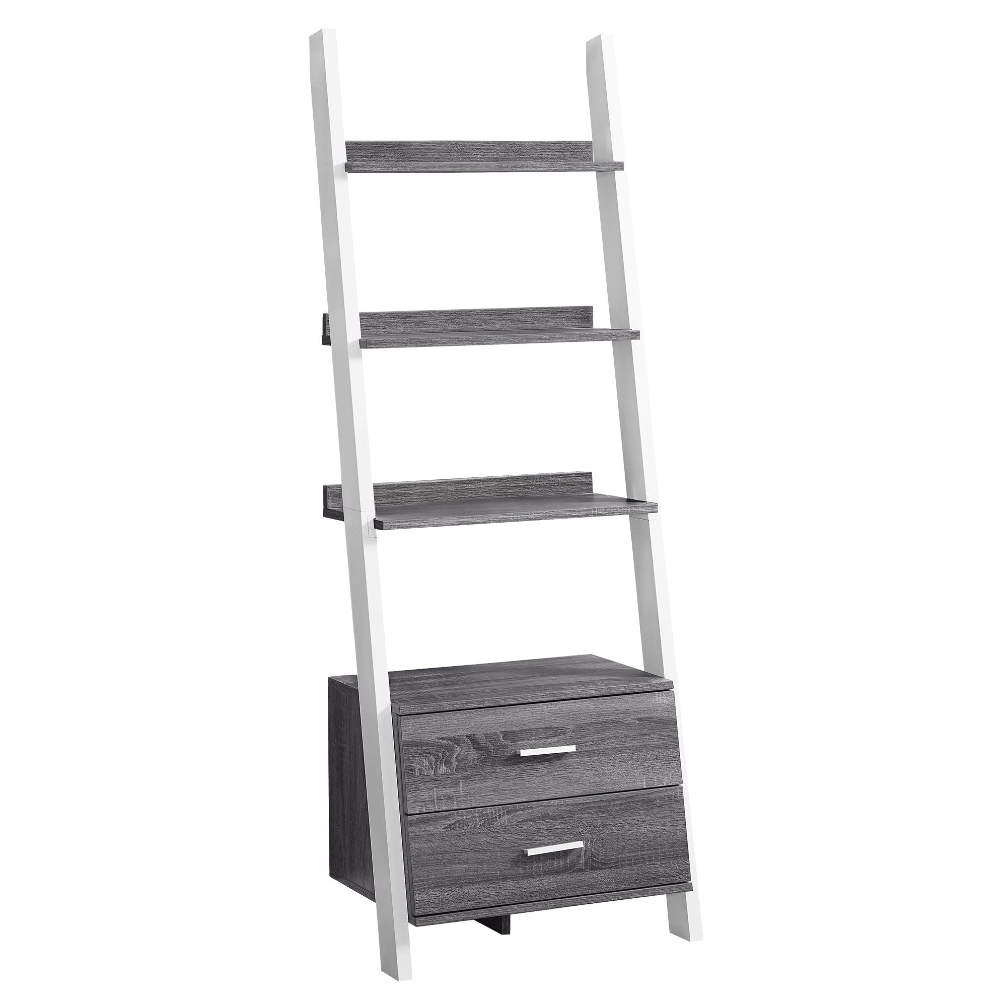 69" Gray and Black Wood Ladder Bookcase With Two drawers