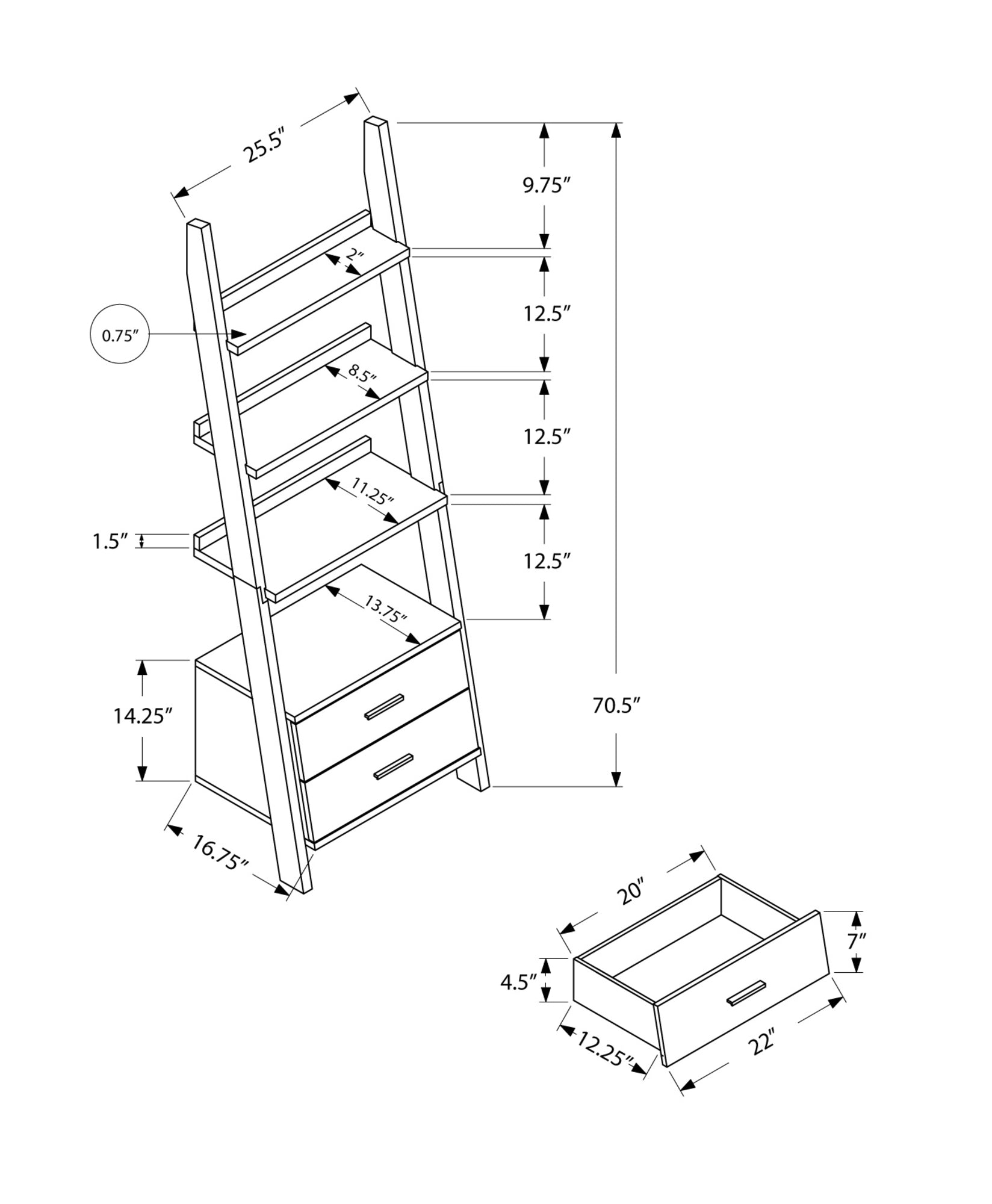 69" Cappuccino Wood Ladder Bookcase With Two drawers