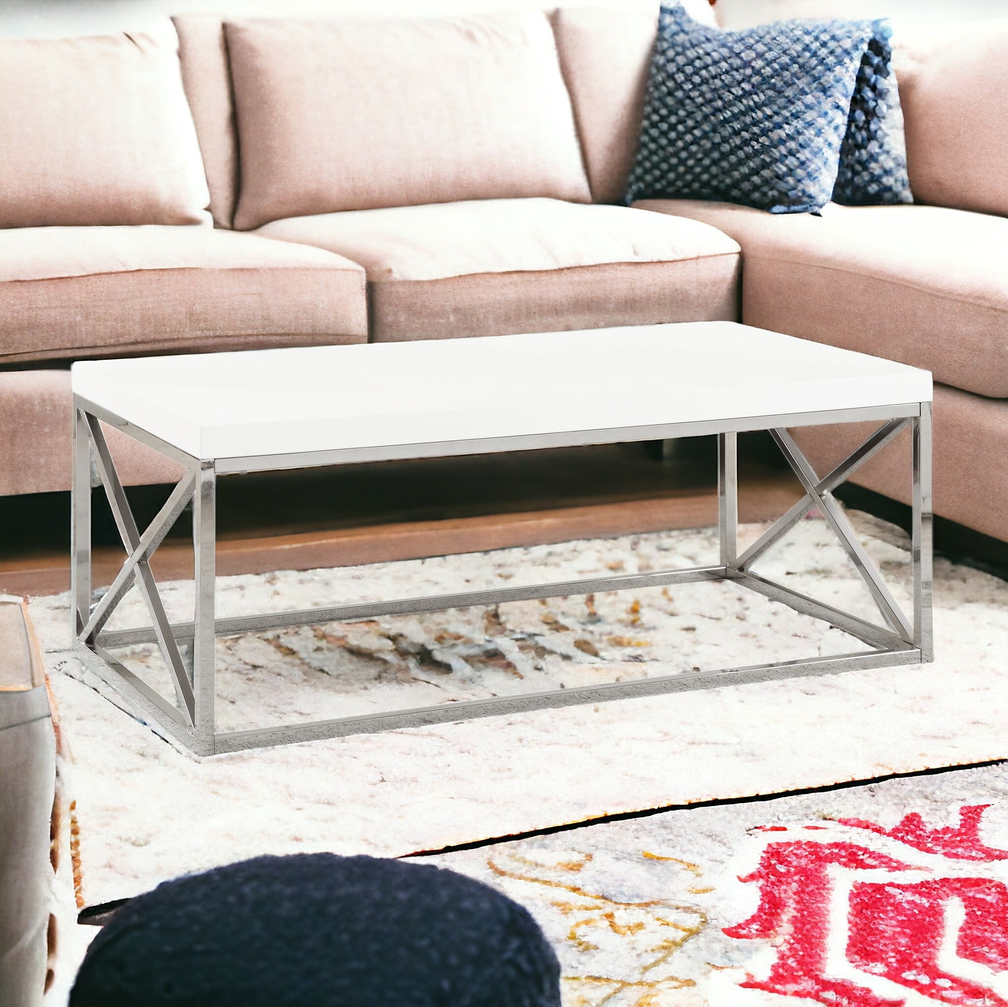 44" White And Silver Iron Coffee Table